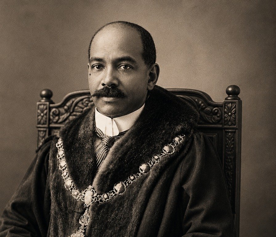 John Archer, Mayor of Battersea, in mayoral robes and chain